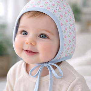 Handmade Reversible  Pixie Baby Bonnet, Heart Tulip Fabric, Baby Girl Toddler Photography  Spring Hat