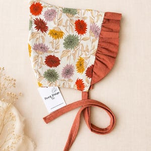 Autumn Wild Flower Rust Orange Green Purple Floral Fall Harvest Cotton Pixie Bonnet, Gnome Style Gift Sun Hat Garden Baby Girl Gift Shower