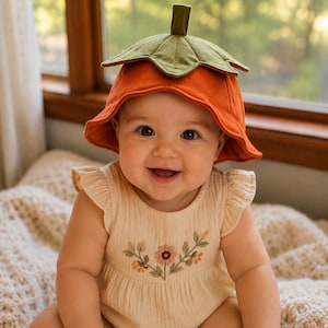 May include: A pumpkin-shaped orange bucket hat with a green stem and leaf top, paired with a cream-colored sleeveless romper featuring a delicate floral embroidery design on the chest with ruffled shoulder details and a gathered waistline.