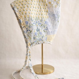 Reversible Cotton Pixie Bonnet, Yellow Blue Floral Quilt, Gnome Style Baby Hat Photography