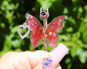 Pink Sequin Butterfly Cigarette Holder Ring, Smoking Accessory, Herbal Holder, Sparkly Butterfly Smoke Accessory, Silver Color Wire