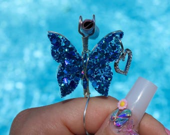 Blue Sequin Butterfly Cigarette Holder Ring, Smoking Accessory,  Herbal Holder, Sparkly Butterfly Smoke Accessory , Silver Color Wire