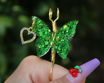 Sigarettenhouderring met groene pailletten, rookaccessoire, kruidenhouder, sprankelend vlinderrookaccessoire, goudkleurige draad