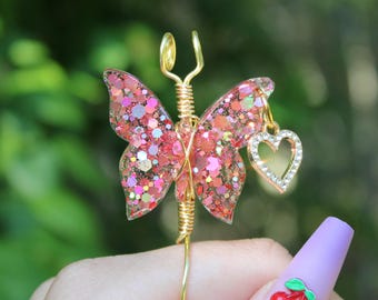 Pink Sequin Butterfly Cigarette Holder Ring, Smoking Accessory, Herbal Holder, Sparkly Butterfly Smoke Accessory , Gold Color Wire