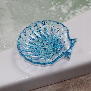 Soap Dish Seashell Blue Sequins | Beach Bathroom | Nautical Decor