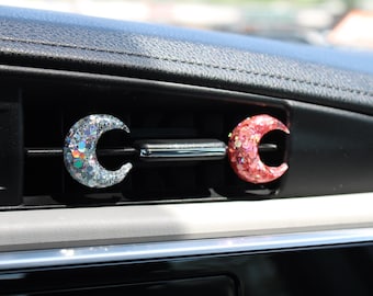 Pink & Silver Crescent Moon Car Vent Clip Set | Sequin Moon Car Accessories | Cute Glitter Auto Decor