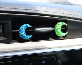 Green & Blue Crescent Moon Car Vent Clip Set | Sequin Moon Car Accessories | Cute Glitter Auto Decor