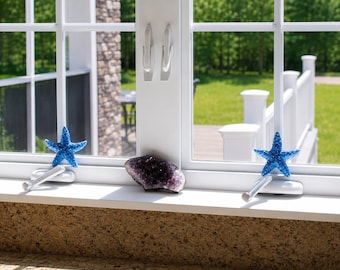 Juego de 2 estrellas de mar azules con lentejuelas, decoración para el hogar estilo costero, acento decorativo playero, decoración inspirada en el océano, regalo para amantes de la playa, estrella de mar hecha a mano.