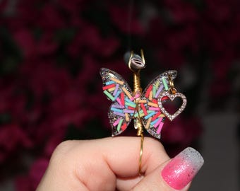 Sprinkle Butterfly Cigarette Holder | Sequin Wings, Heart Charm | Handmade Jewelry