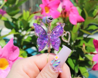 Paarse vlinderringhouder met pailletten, handgemaakt hars sprankelend rookaccessoire