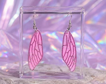 Pink Fairy Wings Dangle Earrings Glittery