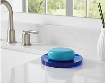 Jabonera moderna azul - Diseño ovalado - Decoración de baño azul translúcido