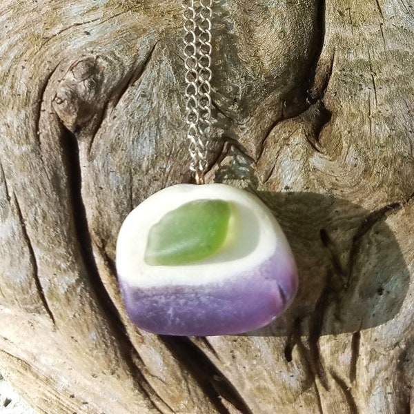 Handmade Wampum and Green Sea Glass Necklace