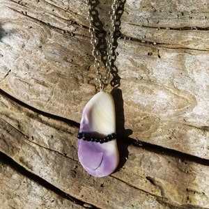 May include: A purple and white seashell pendant necklace with a black bead accent. The necklace is on a silver chain.