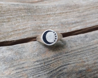 Sterling Silver Moon and Stars Handmade Signet Ring