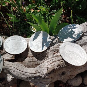 May include: Six white ceramic plates with a raised design on a weathered wooden log. The plates are arranged in a circle on the log, with the designs facing up.