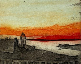 Professionally Framed "Lighting Up" Lighthouse at Sunset Collagraph by Sarah Ross Thompson - Signed and Editioned Printmaking