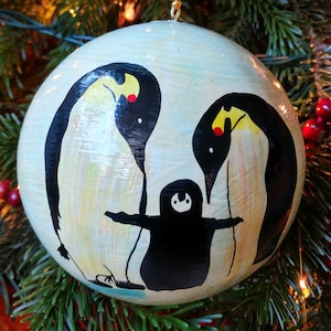 Handmade Penguin Family Papier Mache Christmas Ornament
