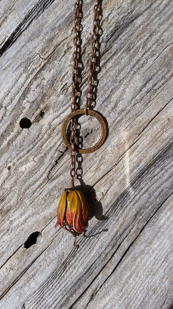 Enamel Copper Flower Lariat Necklace