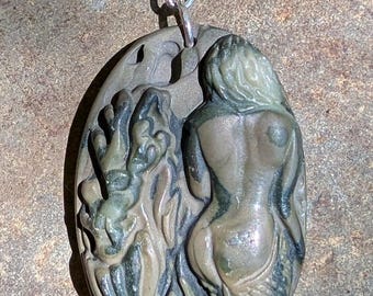 Mermaid of the Kelp Forest - Stunning Hand Carved Green Jasper Stone and Sterling Silver Mermaid Necklace