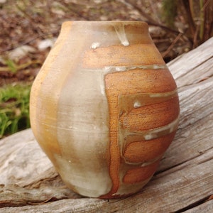 May include: A brown and white ceramic vase with a textured surface. The vase has a rounded shape and a wide opening.