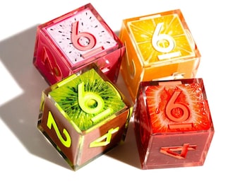Bright and Cheerful Fruit Slices 4-Piece D6 Dice Set Including Luscious Lemon, Quirky Kiwi, Outrageous Orange, and Delectable Dragon Fruit