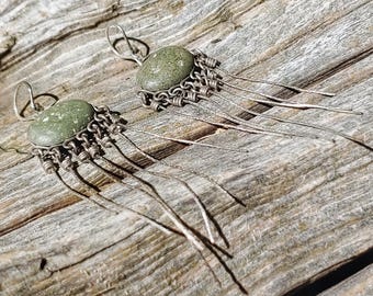 Stunning Handmade Sage Green Beach Stone and Sterling Silver Earrings
