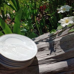 May include: A stack of white ceramic plates with a raised floral design. The plates are sitting on a weathered wooden log.