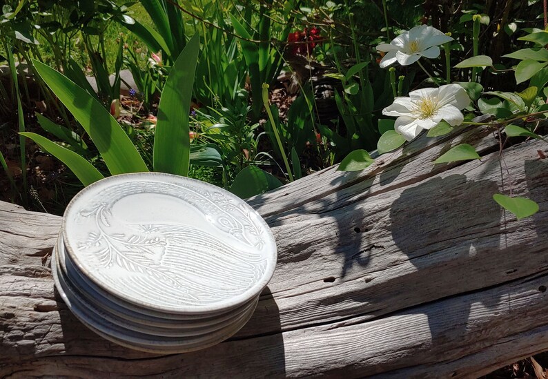 May include: A stack of white ceramic plates with a raised floral design. The plates are sitting on a weathered wooden log.
