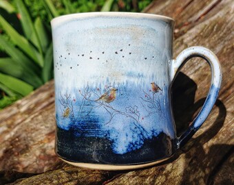 Beautiful Winter Hedgerow Birds Handmade Ceramic Mug by Nina Paloma
