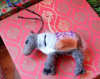 Handmade Felted Reindeer Ornament with Purple Saddle