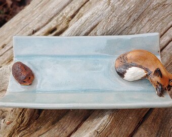 Lovely Handmade Sculpted Ceramic Sponge/Soap/Trinket Dish Adorned with a Fox and a Hedgehog and Signed by the Artist