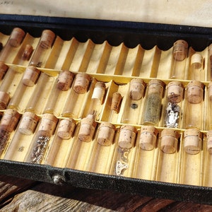 May include: A black box with a hinged lid, containing rows of small glass vials with cork stoppers. The vials are filled with various small objects, such as seeds, insects, and other natural specimens.