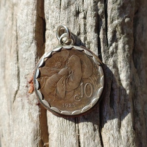 Handmade Sterling Silver and Copper Antique Bee Coin Pendant - 1923 Italian 10 Centesimi Coin