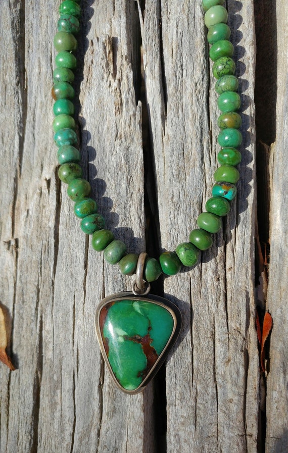 Signed Native American Large Green Turquoise and … - image 1