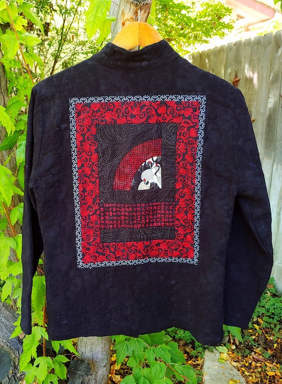 Handmade Artistic Quilted Dancing Cranes Black Ja… - image 1