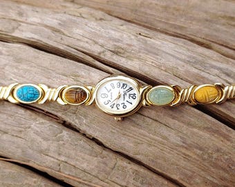 Gorgeous Vintage Semi-Precious Stone Scarab Gold Tone Women's Watch, Never Worn