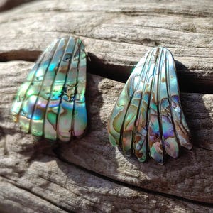 May include: Two iridescent abalone shell pendants, each with a unique pattern of blues, greens, and purples. The shell pieces are shaped like stylized wings or fans, with a natural, textured appearance. The pendants are displayed on a weathered wooden surface.