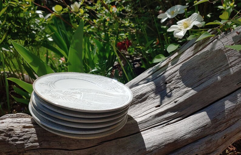 May include: A stack of six white ceramic plates with a grey rim and a delicate floral design. The plates are stacked on a weathered wooden log.