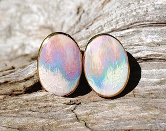Vintage Ceramic Clip-on Earrings with Pastel and 24k Yellow Gold Glaze