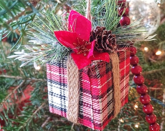 Lovely Plaid Wrapped Christmas Gift Ornament Topped with Feastive Botanicals