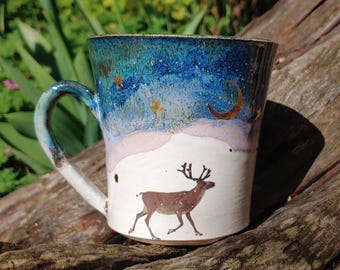 RETIRED Winter Reindeer Landscape Handmade Ceramic Mug with 22k Gold Details by Nina Paloma