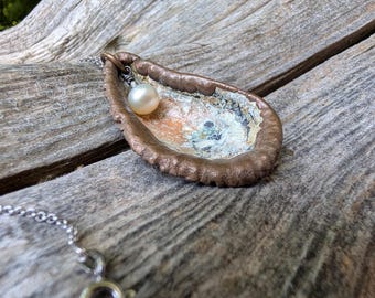 Mussel Shell with a Lusterous Pearl - Handmade Copper and Enamel Necklace on a Sterling Silver Chain