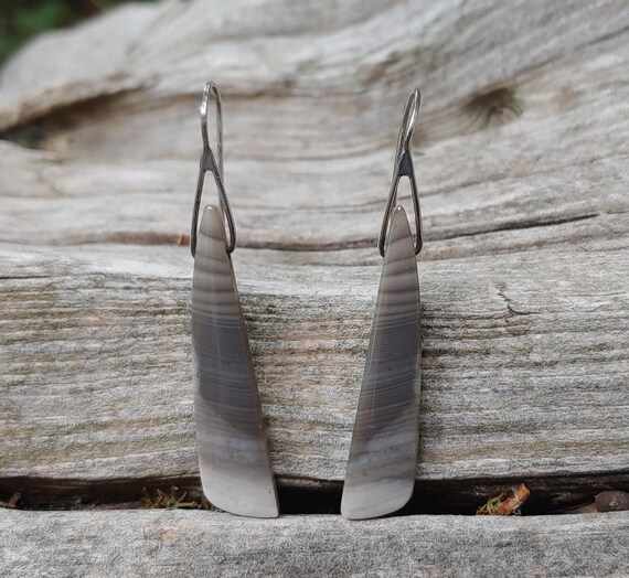 Elegant Handmade Banded Polish Flint and Sterling Silver Earrings