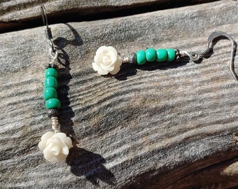 Romantic Green and White Rose Earrings