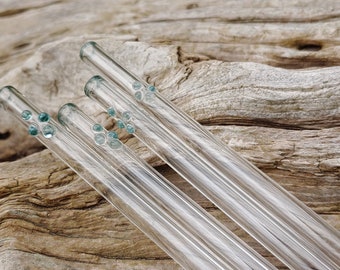 4 Hand-blown Glass Straws with Teal Accents