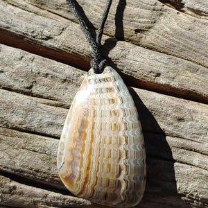 May include: A brown and white agate pendant with a wavy pattern hangs from a black cord. The pendant is on a wooden surface.