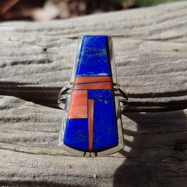 Stunning Signed Navajo Lapis, Red Coral, and Sterling Silver Inlay Ring by Alvin Yellowhorse Size 6.25