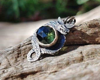 Stunning Sea Dragon Handmade Necklace - One of a Kind Sterling Silver and Dark Green Peridot with Ludwigite