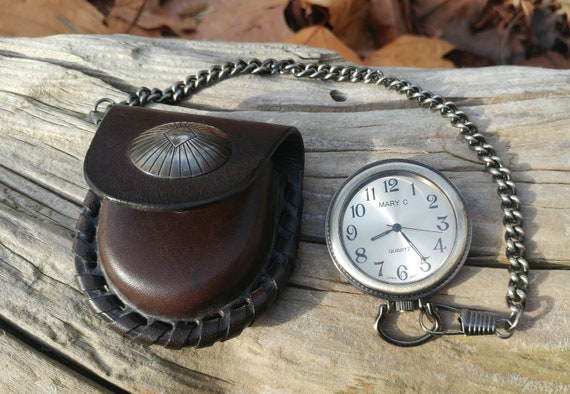 Stainless Steel Pocket Watch with Leather and Ste… - image 1